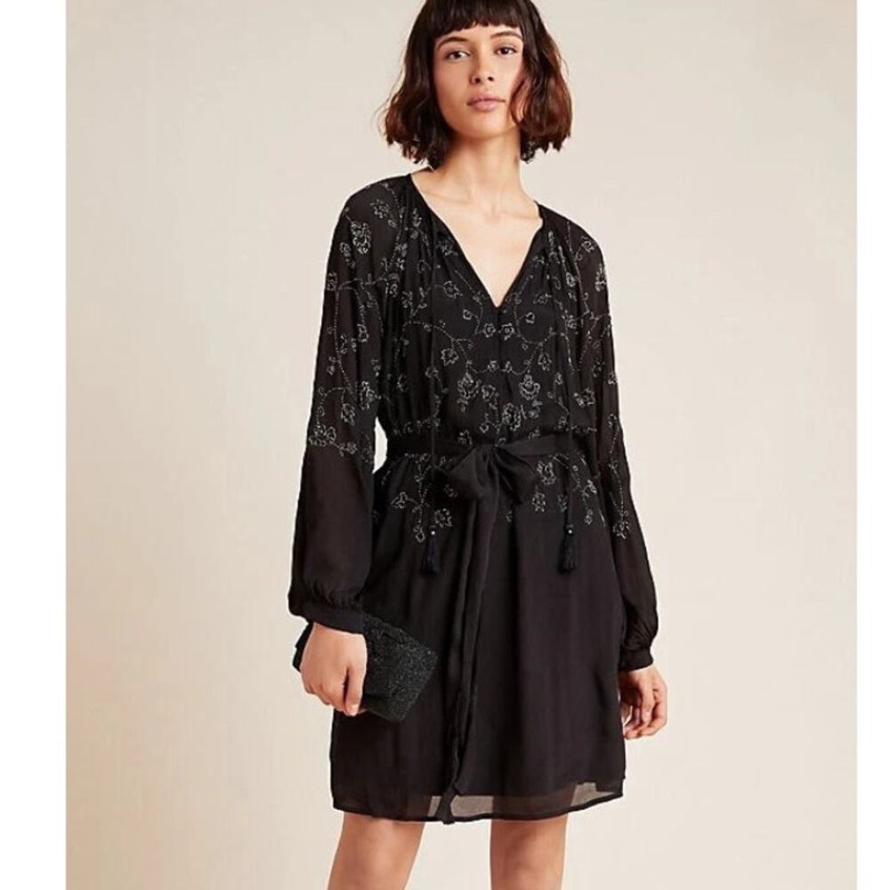 Anthropologie RANNA GIL Black Beaded Tunic Dress Large Lucinda Boho Long Sleeve